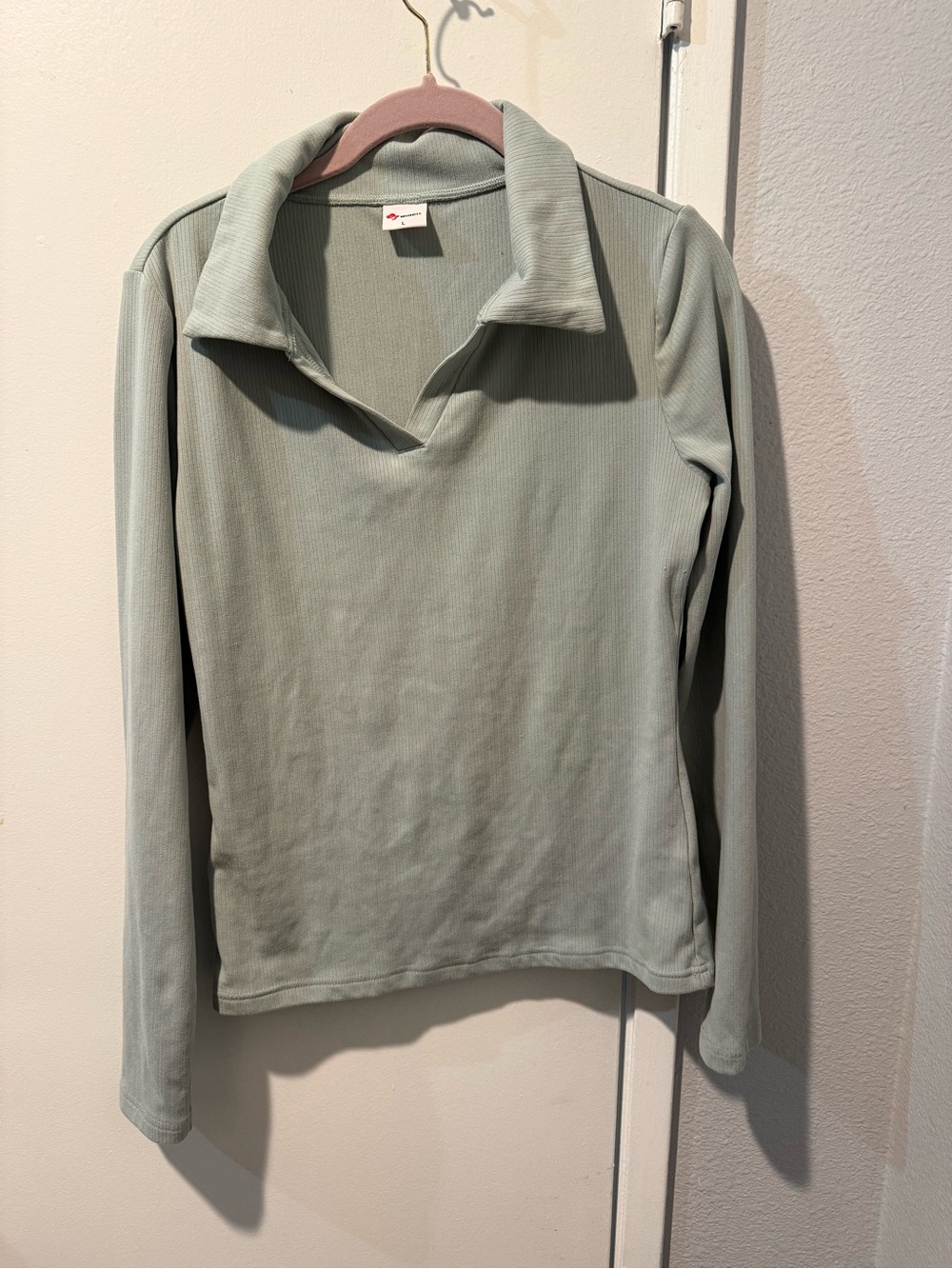 Ribbed Long-Sleeve Polo Top in Sage Green